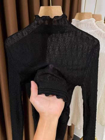 Sieviešu rudens‑ziemas mežģīņu bāzes tops ar garām piedurknēm, puse augsta apkakle, slaids piegriezums, 70–80% poliester