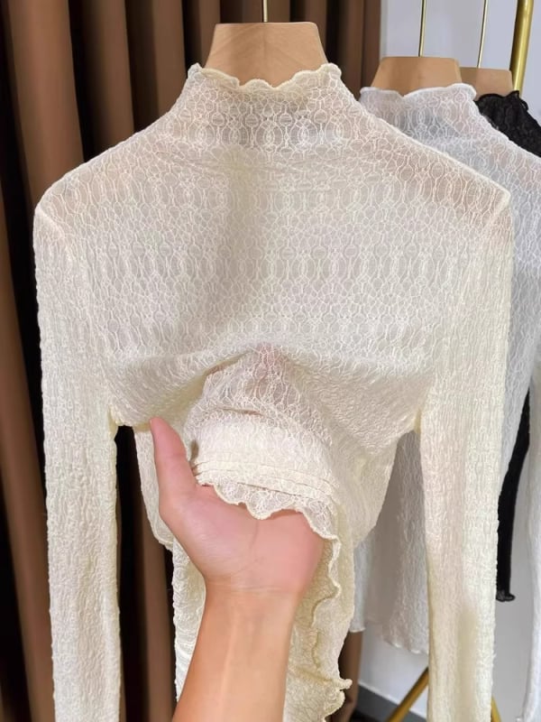 Sieviešu rudens‑ziemas mežģīņu bāzes tops ar garām piedurknēm, puse augsta apkakle, slaids piegriezums, 70–80% poliester