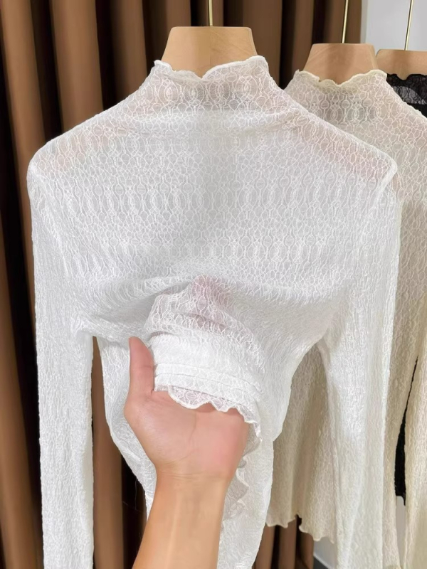 Sieviešu rudens‑ziemas mežģīņu bāzes tops ar garām piedurknēm, puse augsta apkakle, slaids piegriezums, 70–80% poliester