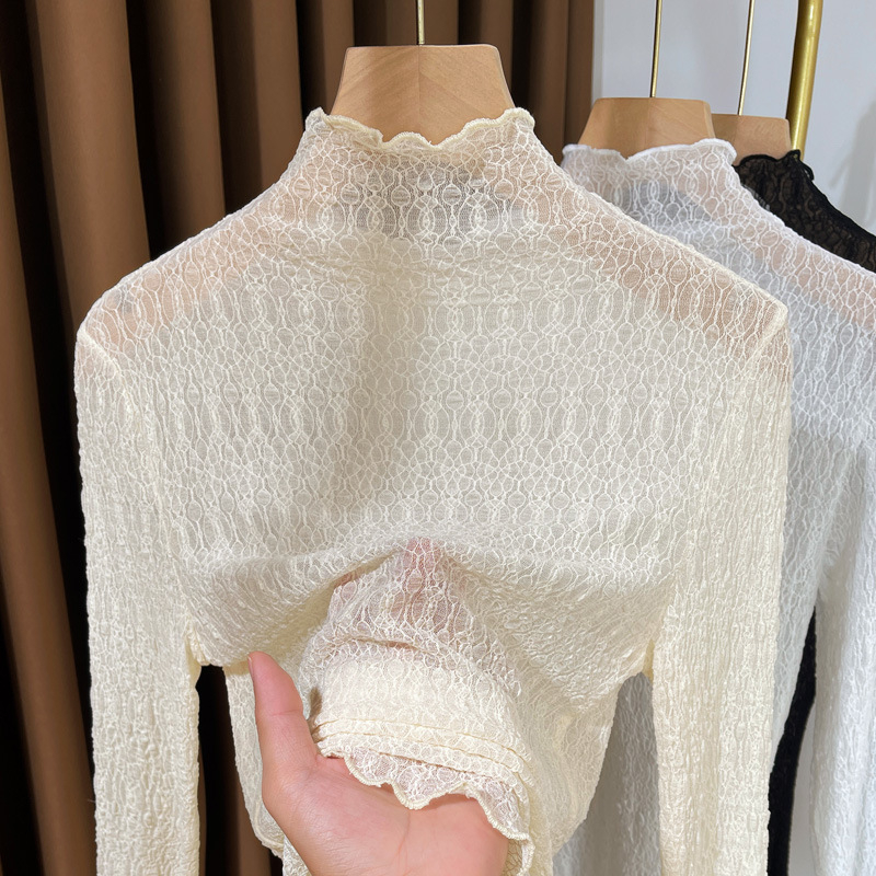 Sieviešu rudens‑ziemas mežģīņu bāzes tops ar garām piedurknēm, puse augsta apkakle, slaids piegriezums, 70–80% poliester