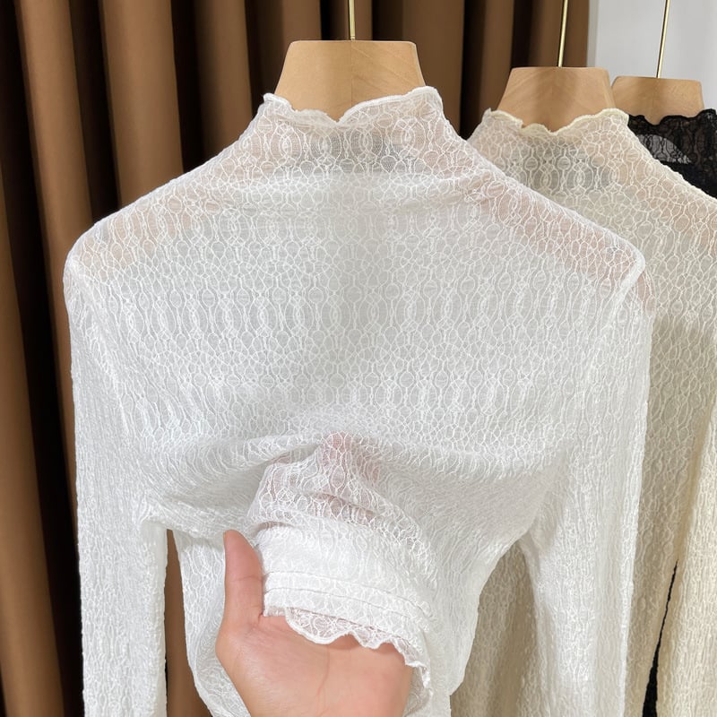 Sieviešu rudens‑ziemas mežģīņu bāzes tops ar garām piedurknēm, puse augsta apkakle, slaids piegriezums, 70–80% poliester