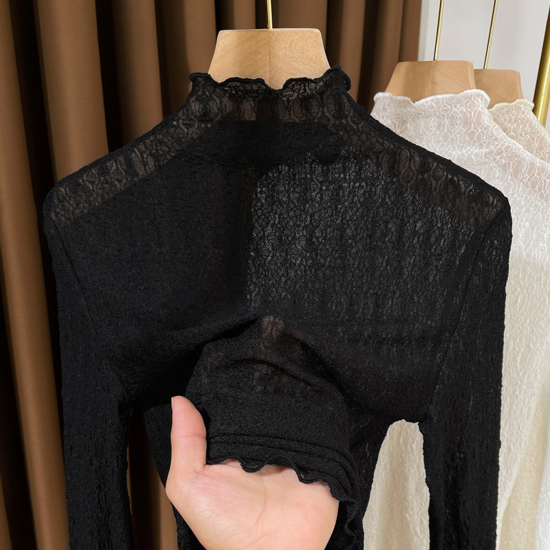 Sieviešu rudens‑ziemas mežģīņu bāzes tops ar garām piedurknēm, puse augsta apkakle, slaids piegriezums, 70–80% poliester