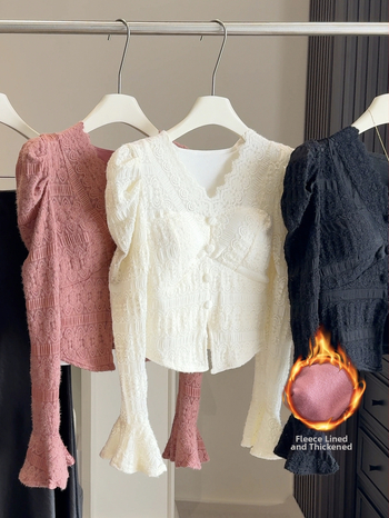 Sievietēm bāzes tops ar V-izgriezumu, mežģīnām un flīsa oderi, garās piedurknes