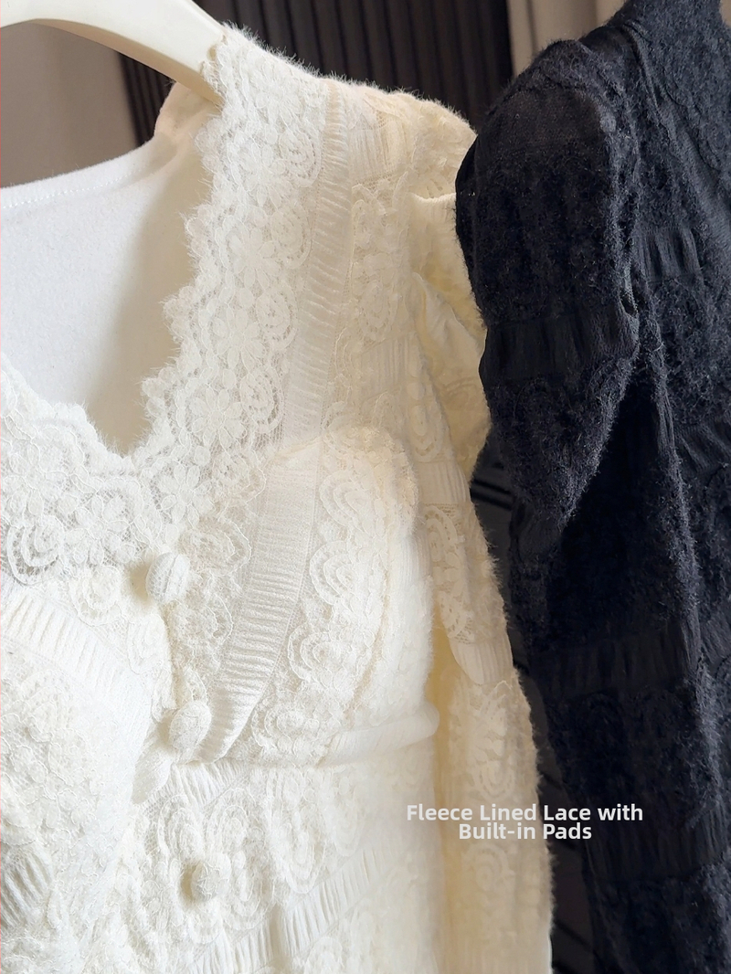 Sievietēm bāzes tops ar V-izgriezumu, mežģīnām un flīsa oderi, garās piedurknes