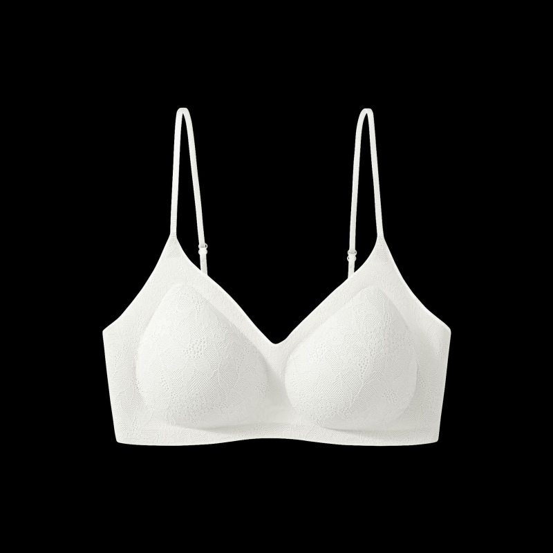 Mežģīņu bralette ar spaghetti siksnām, neilona audums, plāna veidota krūšu kauss ar sūklīti, aizmugurē četrrindu aizdare, fiksētas dubultās plecu siksnas, savilkts siluets, ērtums