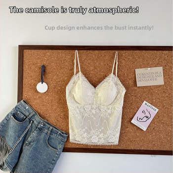 Camisole ar krūšu spilventiņu, elpojoša mežģīne, Korejas stils, neilona audums, trijstūra krūšu kauss