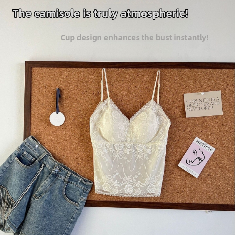 Camisole ar krūšu spilventiņu, elpojoša mežģīne, Korejas stils, neilona audums, trijstūra krūšu kauss