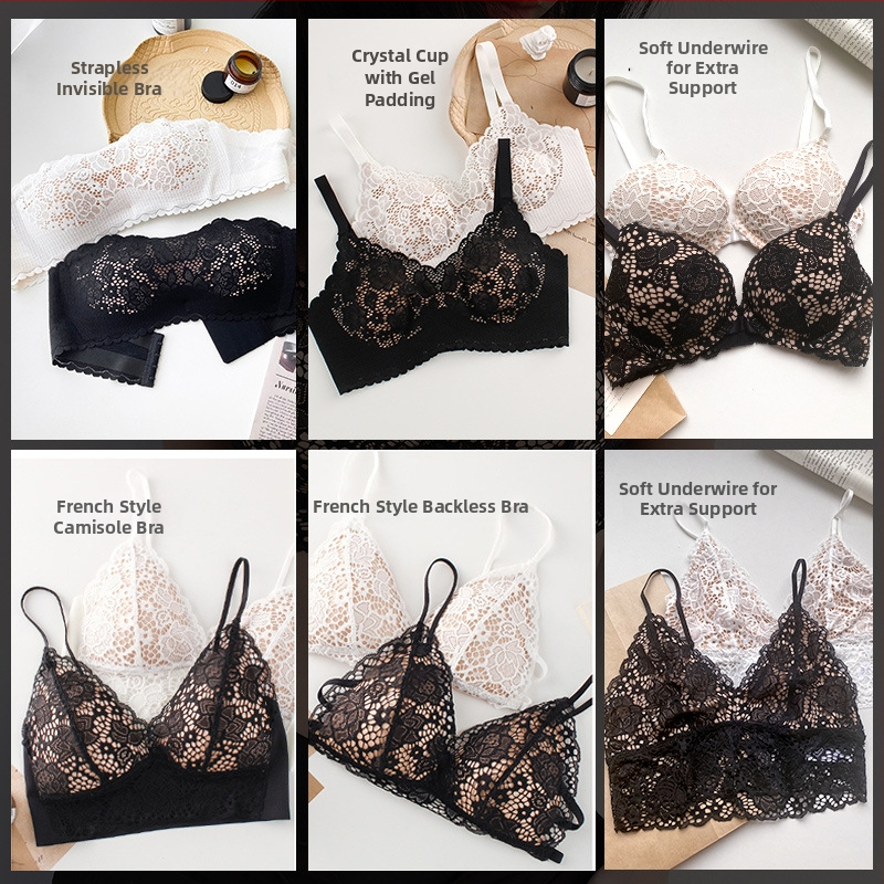 Bez plecu siksnas mežģīņu krūšturis ar trijstūrveida kausiem, plānas formas kausi, galvenais audums: neilons, pamatā odere: modal, viengabala dizains