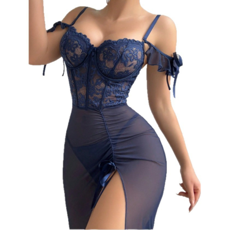 Hálózatos fehérnemű szett csipkés részletekkel, átlátszó háló ruházat nőknek, poliészter 90–95%, vékony anyag 101–120 g/m2