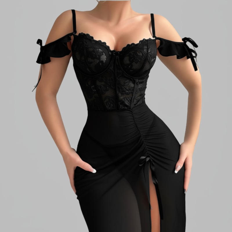 Set de lenjerie din plasă cu dantelă, noapte transparentă pentru femei, poliester 90–95%, țesătură subțire 101–120 g/m2