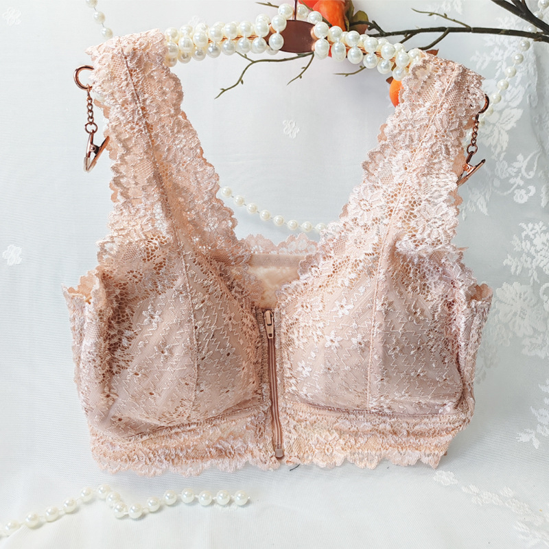 Сутиен с предна ципа, дантелен безжичен дизайн, пълна чашка, тънка оформена чашка, найлонова дантела