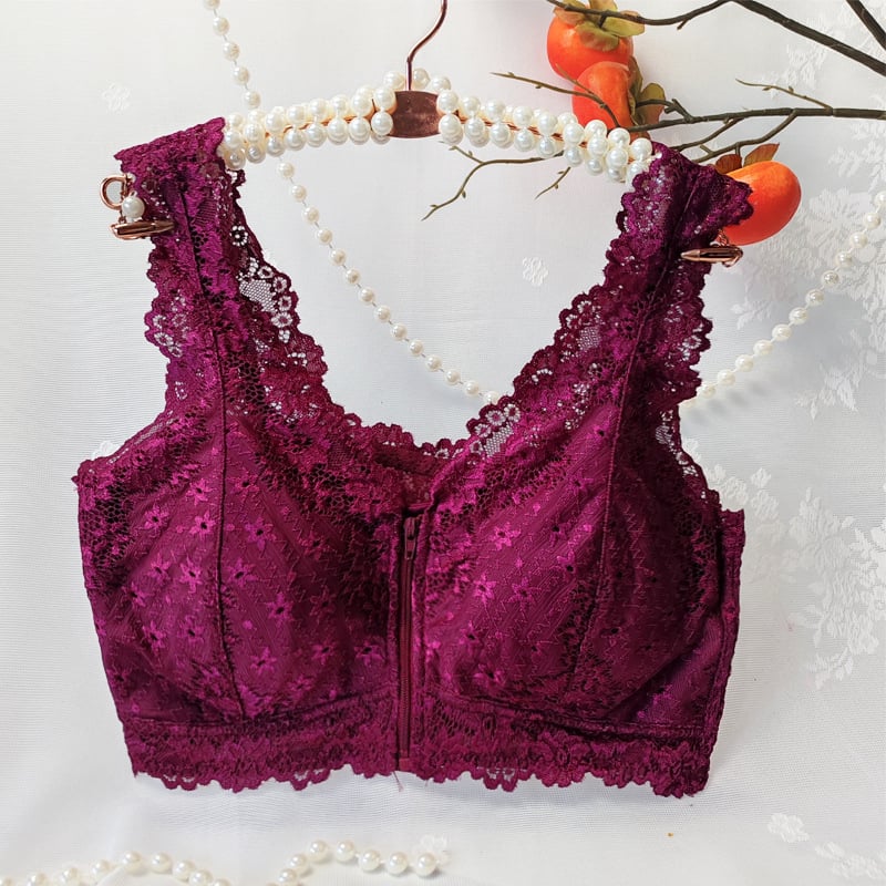 Сутиен с предна ципа, дантелен безжичен дизайн, пълна чашка, тънка оформена чашка, найлонова дантела
