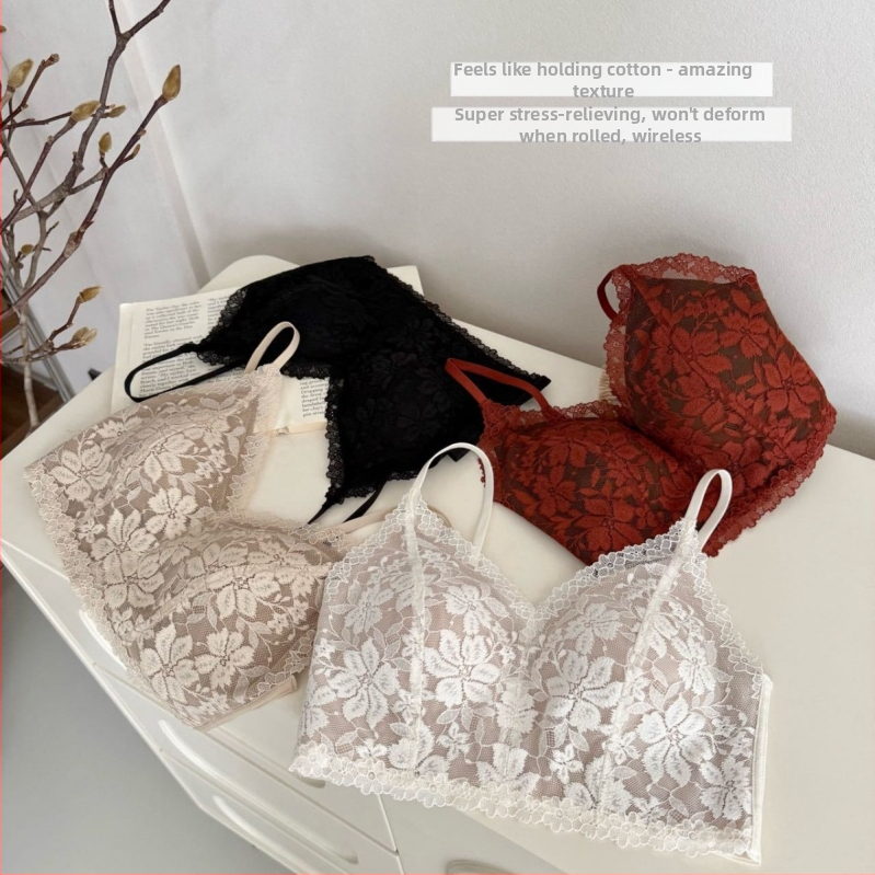 Mežģīņu krūšturis ar franču stilu, dziļš V, trijstūra kauss, bezšuvju dizains, aizmugurē trīs rindu sprādzes