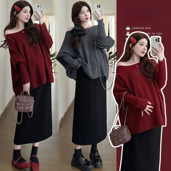 Set za trudnoću – chenille pletenina, 90–95% elastan, top s dugim rukavima i suknja, japansko-korejski stil