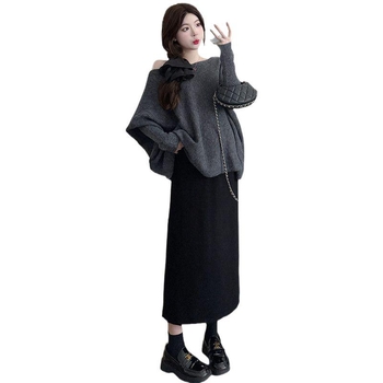Set za trudnoću – chenille pletenina, 90–95% elastan, top s dugim rukavima i suknja, japansko-korejski stil