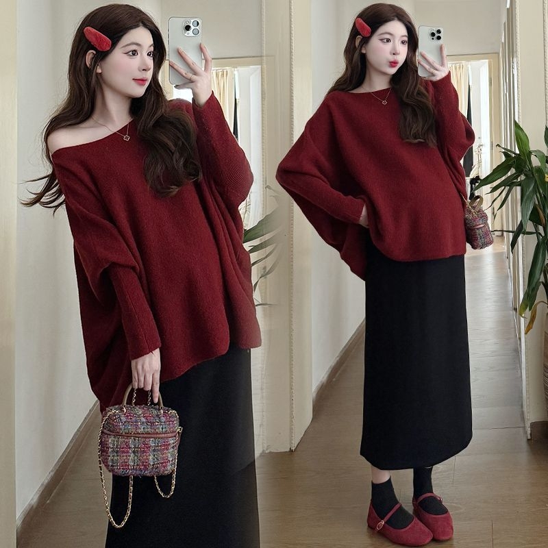 Set za trudnoću – chenille pletenina, 90–95% elastan, top s dugim rukavima i suknja, japansko-korejski stil