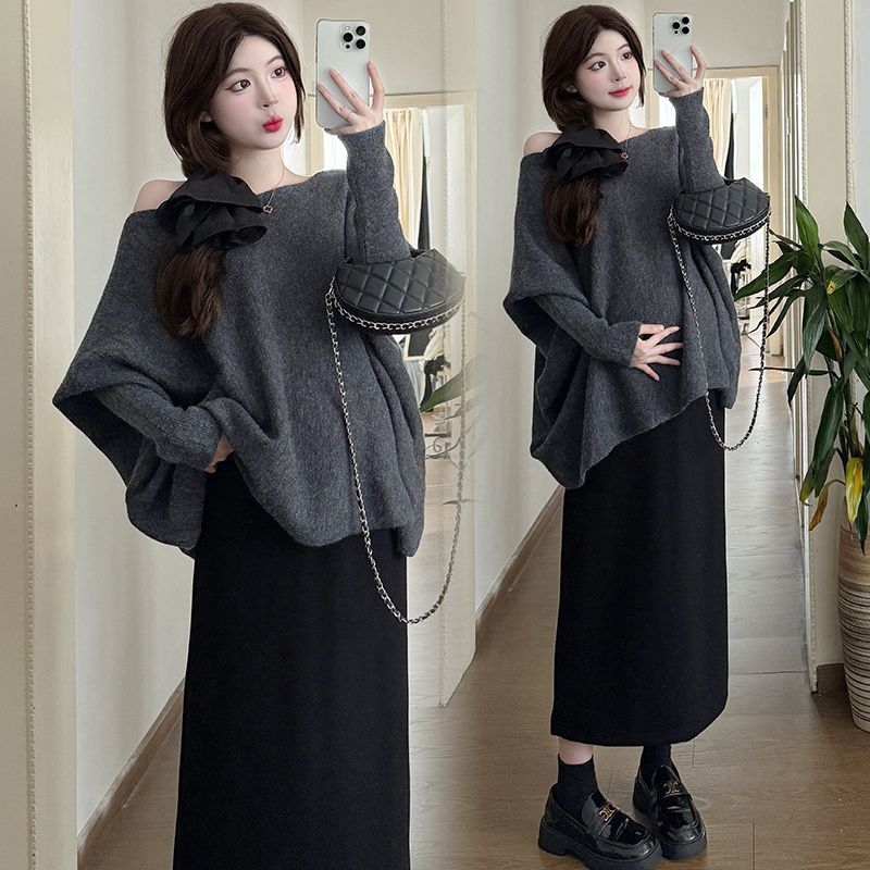 Set za trudnoću – chenille pletenina, 90–95% elastan, top s dugim rukavima i suknja, japansko-korejski stil