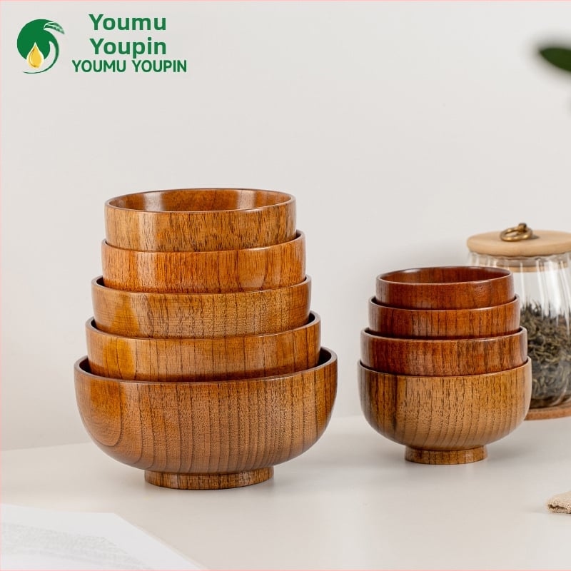 Fából készült tál háztartási japán étkészlethez, vastagított kialakítású, égésálló tál tészta és leves számára, kör alakú, kézzel rajzolt felülettel, modern letisztult stílus, testreszabható logó