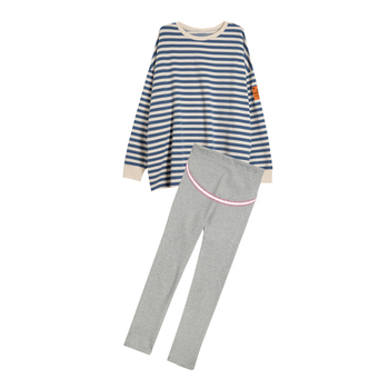 Trudnički top-suit s prugama – dugi rukavi, pamuk 90-95% s elastanom <30%, jesen 2025, japansko-korejski opušten stil