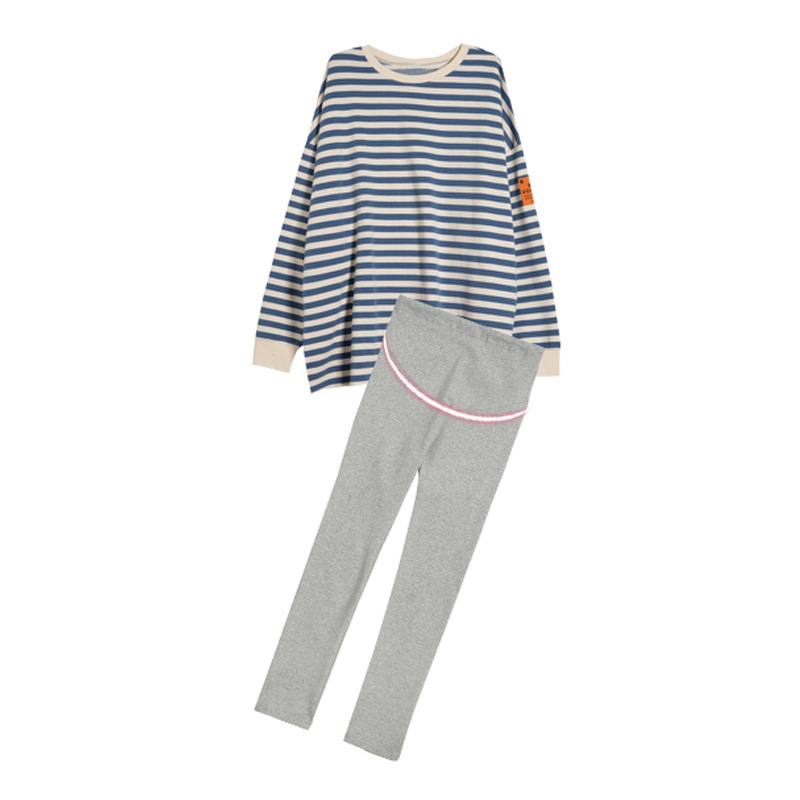 Trudnički top-suit s prugama – dugi rukavi, pamuk 90-95% s elastanom <30%, jesen 2025, japansko-korejski opušten stil