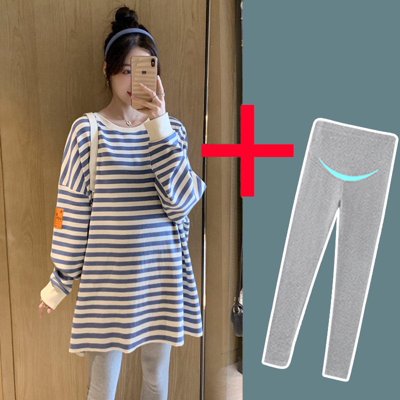 Trudnički top-suit s prugama – dugi rukavi, pamuk 90-95% s elastanom <30%, jesen 2025, japansko-korejski opušten stil