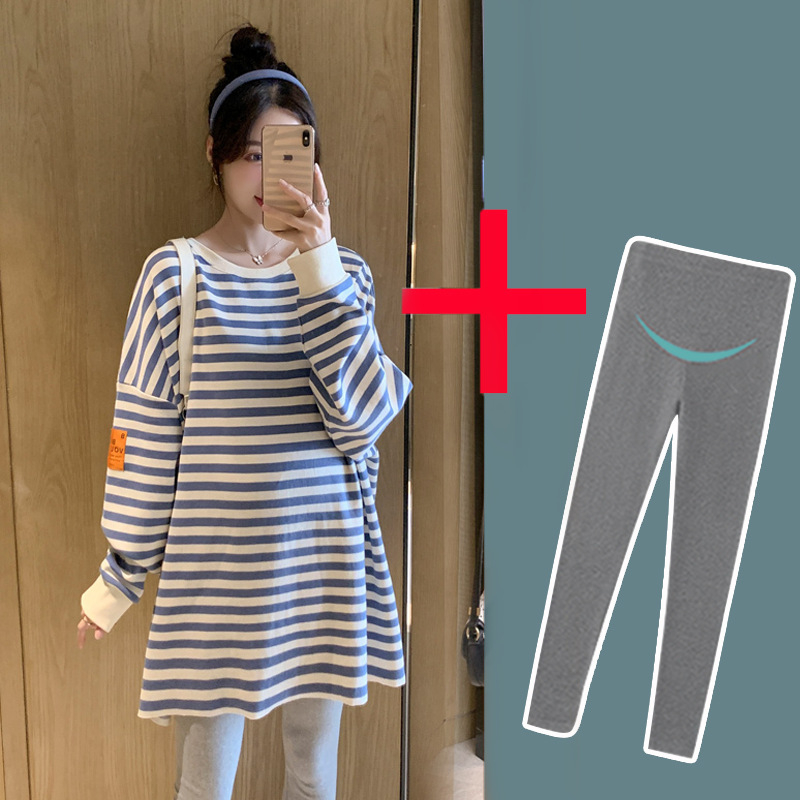 Trudnički top-suit s prugama – dugi rukavi, pamuk 90-95% s elastanom <30%, jesen 2025, japansko-korejski opušten stil