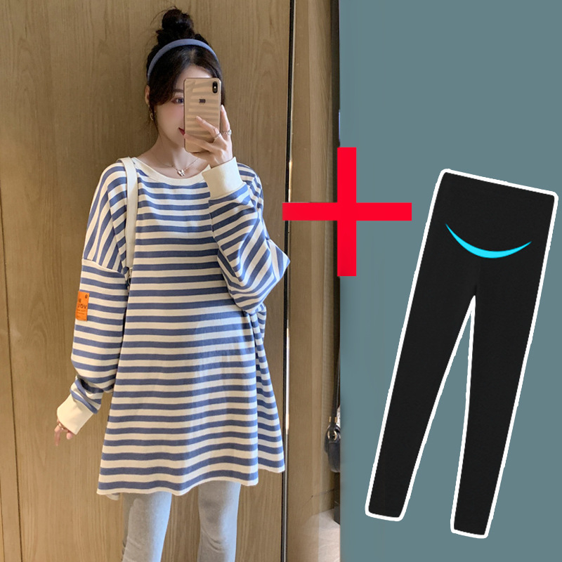 Trudnički top-suit s prugama – dugi rukavi, pamuk 90-95% s elastanom <30%, jesen 2025, japansko-korejski opušten stil