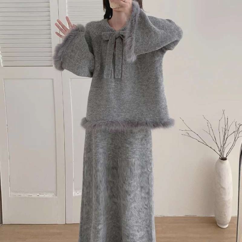 Tehnički set za trudnice od dva dijela: top i suknja, chenille pleteni materijal sa spandeksom, japansko-korejski ležerni stil