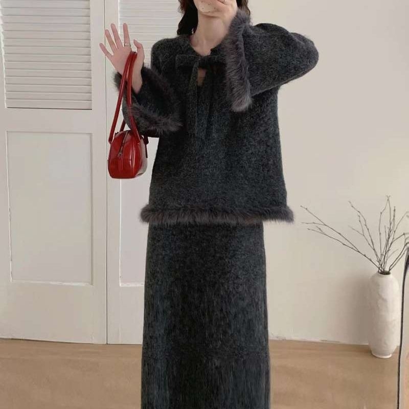 Tehnički set za trudnice od dva dijela: top i suknja, chenille pleteni materijal sa spandeksom, japansko-korejski ležerni stil