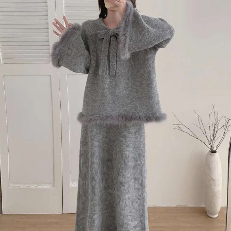 Tehnički set za trudnice od dva dijela: top i suknja, chenille pleteni materijal sa spandeksom, japansko-korejski ležerni stil
