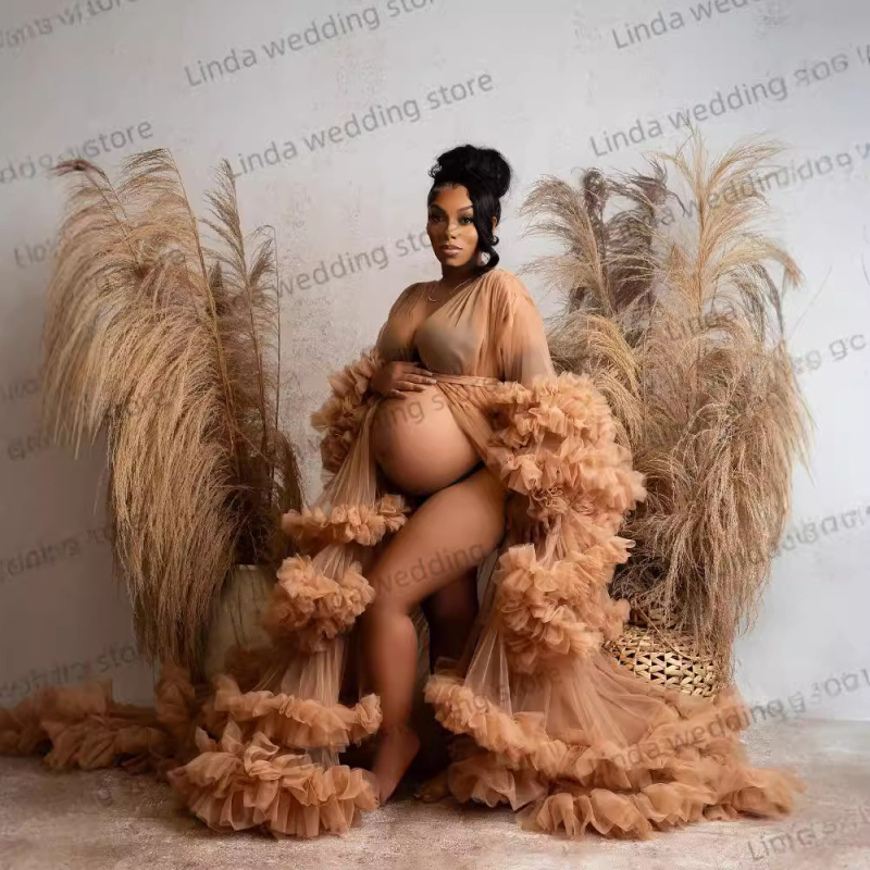 Maternity haljina s V-izrezom, prednji volani, dugi mrežasti rukavi, prednji otvor