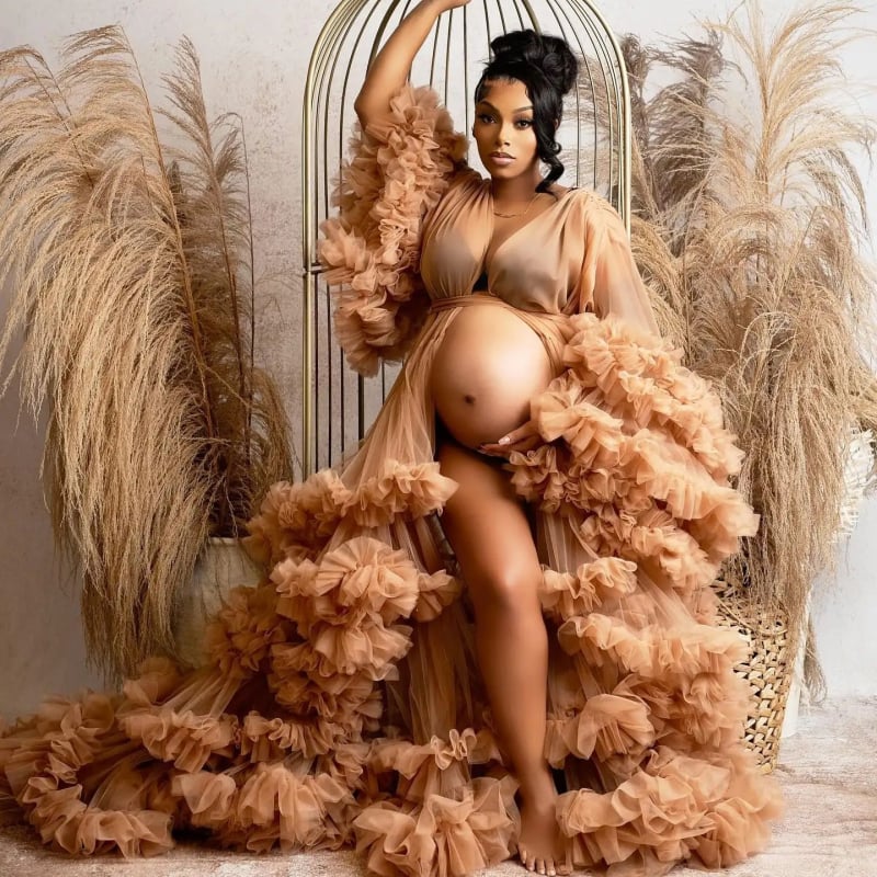 Maternity haljina s V-izrezom, prednji volani, dugi mrežasti rukavi, prednji otvor