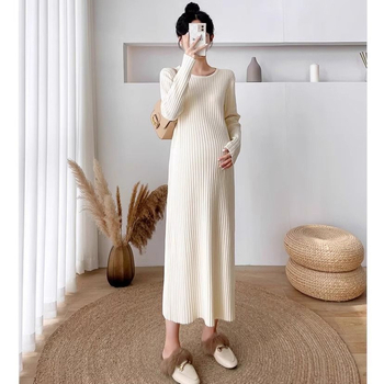 Trudnička haljina za jesen-zimu, Chenille pletena tkanina s elastanom, okrugli izrez, dugi rukavi, srednje duljine silueta sirene