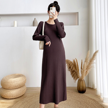 Trudnička haljina za jesen-zimu, Chenille pletena tkanina s elastanom, okrugli izrez, dugi rukavi, srednje duljine silueta sirene