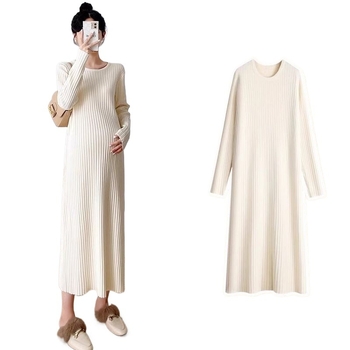 Trudnička haljina za jesen-zimu, Chenille pletena tkanina s elastanom, okrugli izrez, dugi rukavi, srednje duljine silueta sirene