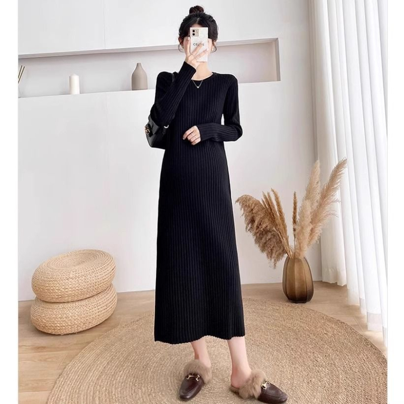 Trudnička haljina za jesen-zimu, Chenille pletena tkanina s elastanom, okrugli izrez, dugi rukavi, srednje duljine silueta sirene