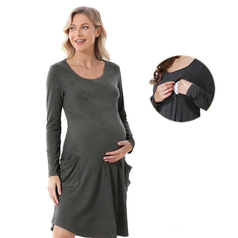 Emotionmoms Trudnična haljina s dugim rukavima za dojenje, ležeran kroj, srednja duljina, zvonolika suknja, 95% pamuk, jednobojna, proljeće 2025, plus veličina