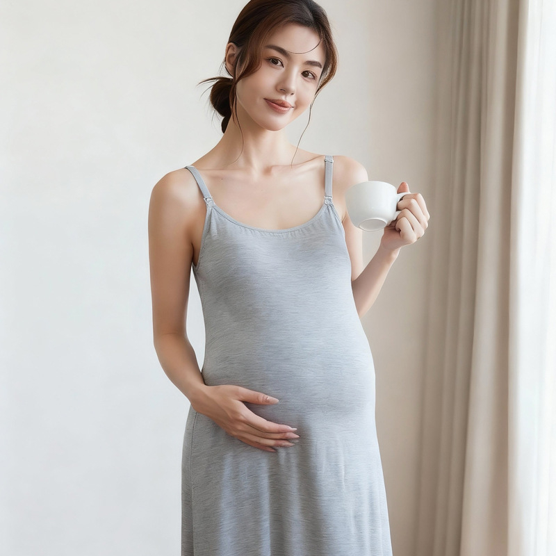 Tehotenské šaty na kojenie z modalového vlákna so spandexom; bez rukávov, okrúhly výstrih, stredná dĺžka, otvor na kojenie