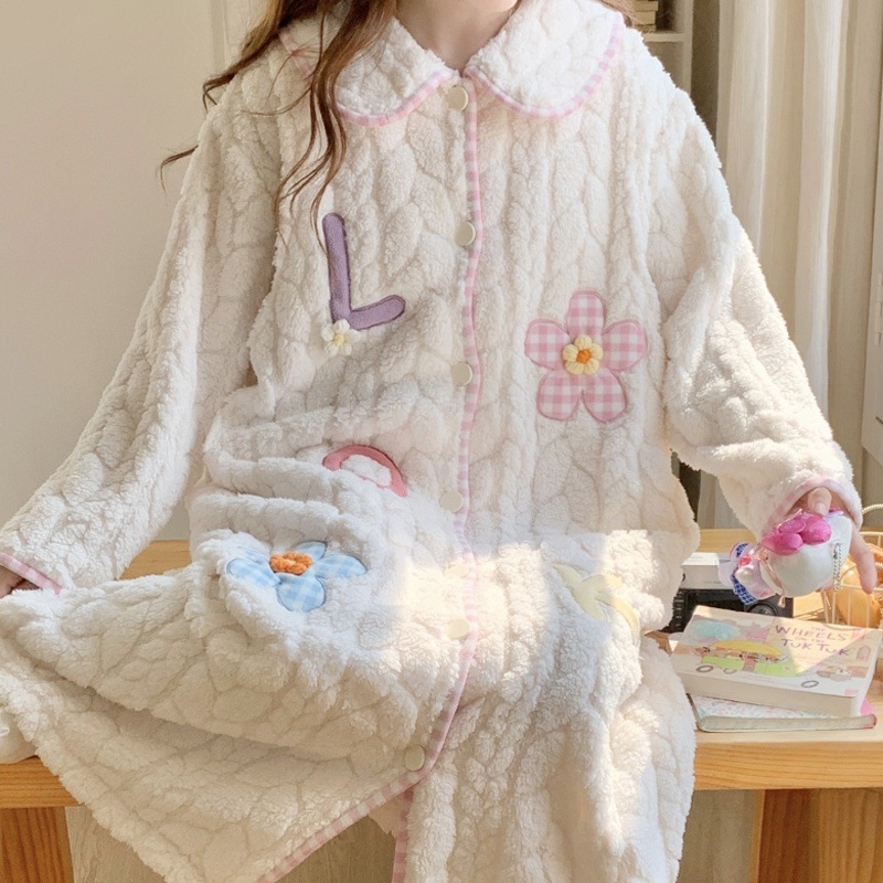 Trudnička noćna haljina za dojenje s cvjetnim uzorkom, dugi rukavi, koralni flis materijal, 95% poliester, jesen-zima.