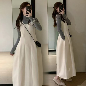 Trudnički set: top s dugim rukavima i okruglim izrezom od pamuka i poliestera, slojevita veste, midi suknja tipa vila, gradski stil