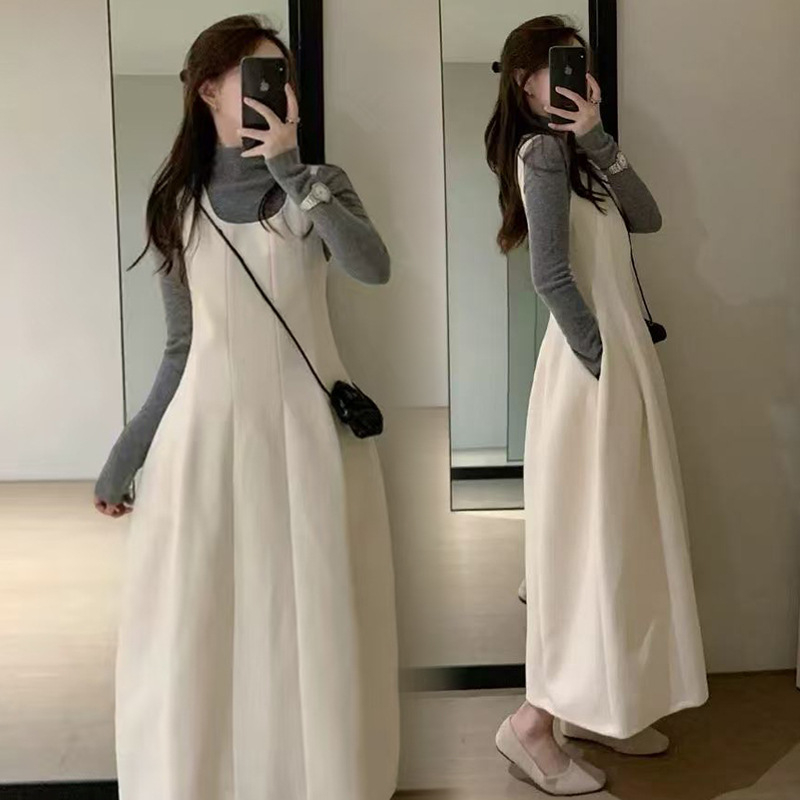 Trudnički set: top s dugim rukavima i okruglim izrezom od pamuka i poliestera, slojevita veste, midi suknja tipa vila, gradski stil