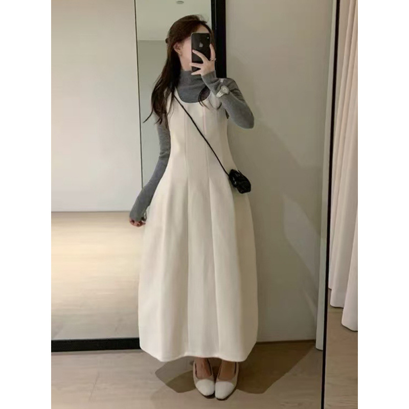Trudnički set: top s dugim rukavima i okruglim izrezom od pamuka i poliestera, slojevita veste, midi suknja tipa vila, gradski stil