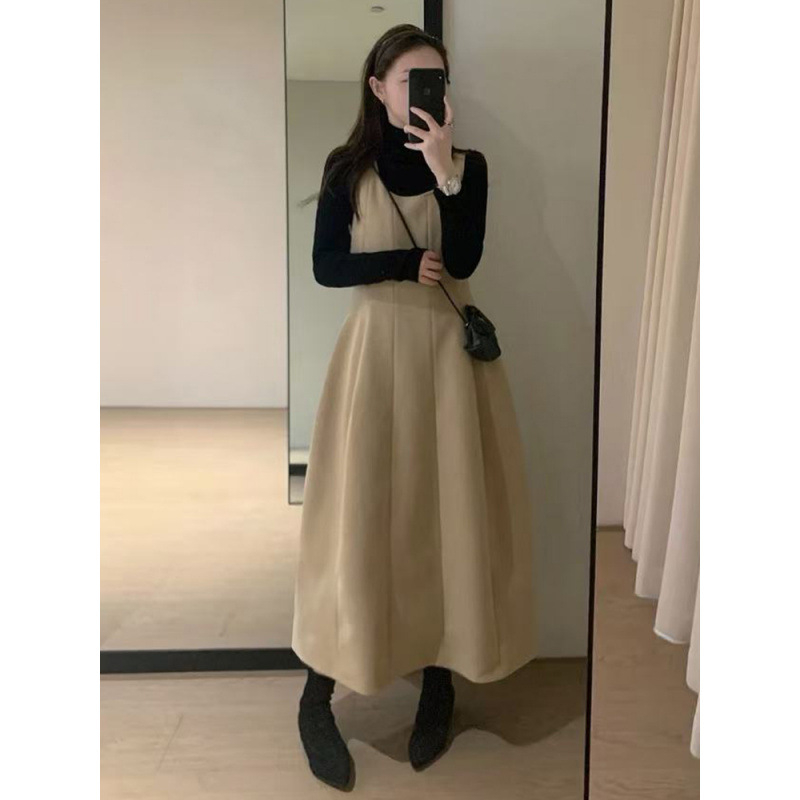 Trudnički set: top s dugim rukavima i okruglim izrezom od pamuka i poliestera, slojevita veste, midi suknja tipa vila, gradski stil