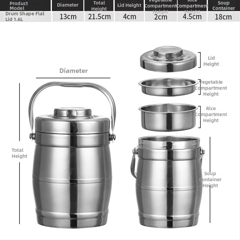 Rozsdamentes acélból készült vákuum-izolált ebédbox, dob alakú, 2 L kapacitás