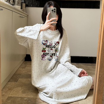 Női 100% pamut hosszú ujjú hálóruha, cartoon mintás, hosszú szoknya, kerek nyak, otthoni viselet