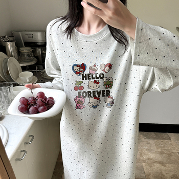Női 100% pamut hosszú ujjú hálóruha, cartoon mintás, hosszú szoknya, kerek nyak, otthoni viselet