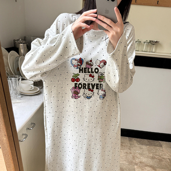 Női 100% pamut hosszú ujjú hálóruha, cartoon mintás, hosszú szoknya, kerek nyak, otthoni viselet
