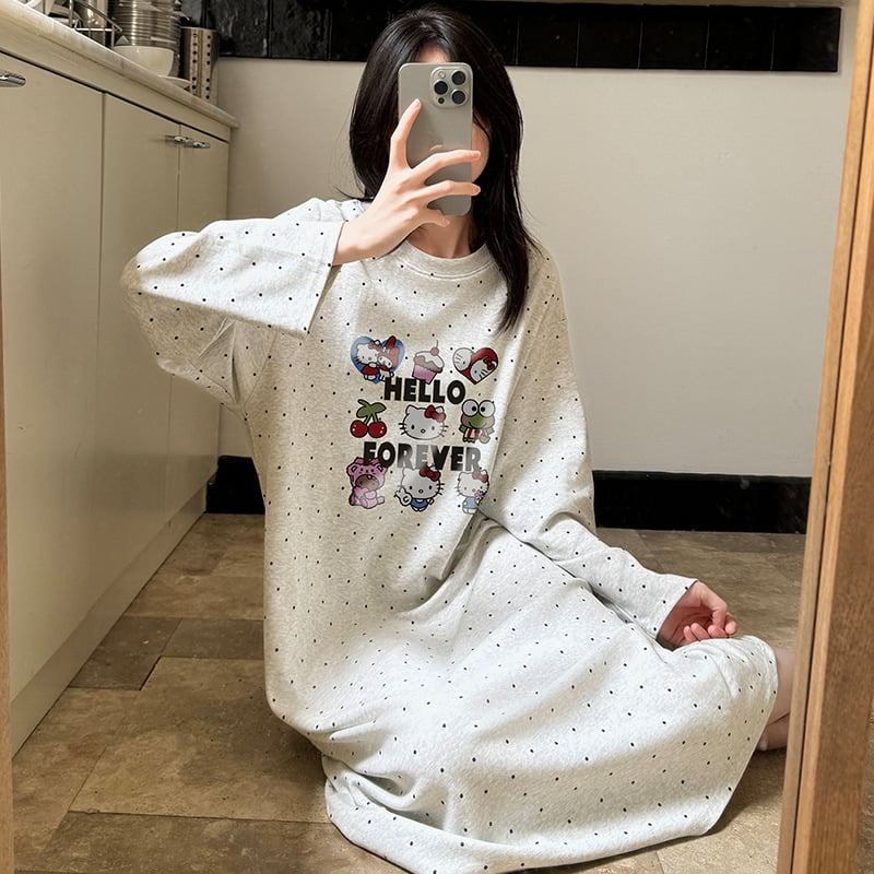 Női 100% pamut hosszú ujjú hálóruha, cartoon mintás, hosszú szoknya, kerek nyak, otthoni viselet