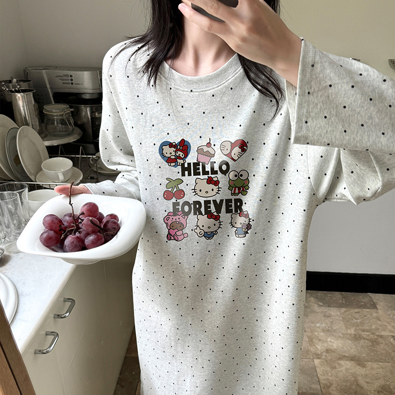 Női 100% pamut hosszú ujjú hálóruha, cartoon mintás, hosszú szoknya, kerek nyak, otthoni viselet