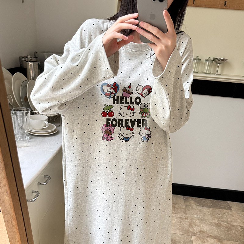Női 100% pamut hosszú ujjú hálóruha, cartoon mintás, hosszú szoknya, kerek nyak, otthoni viselet